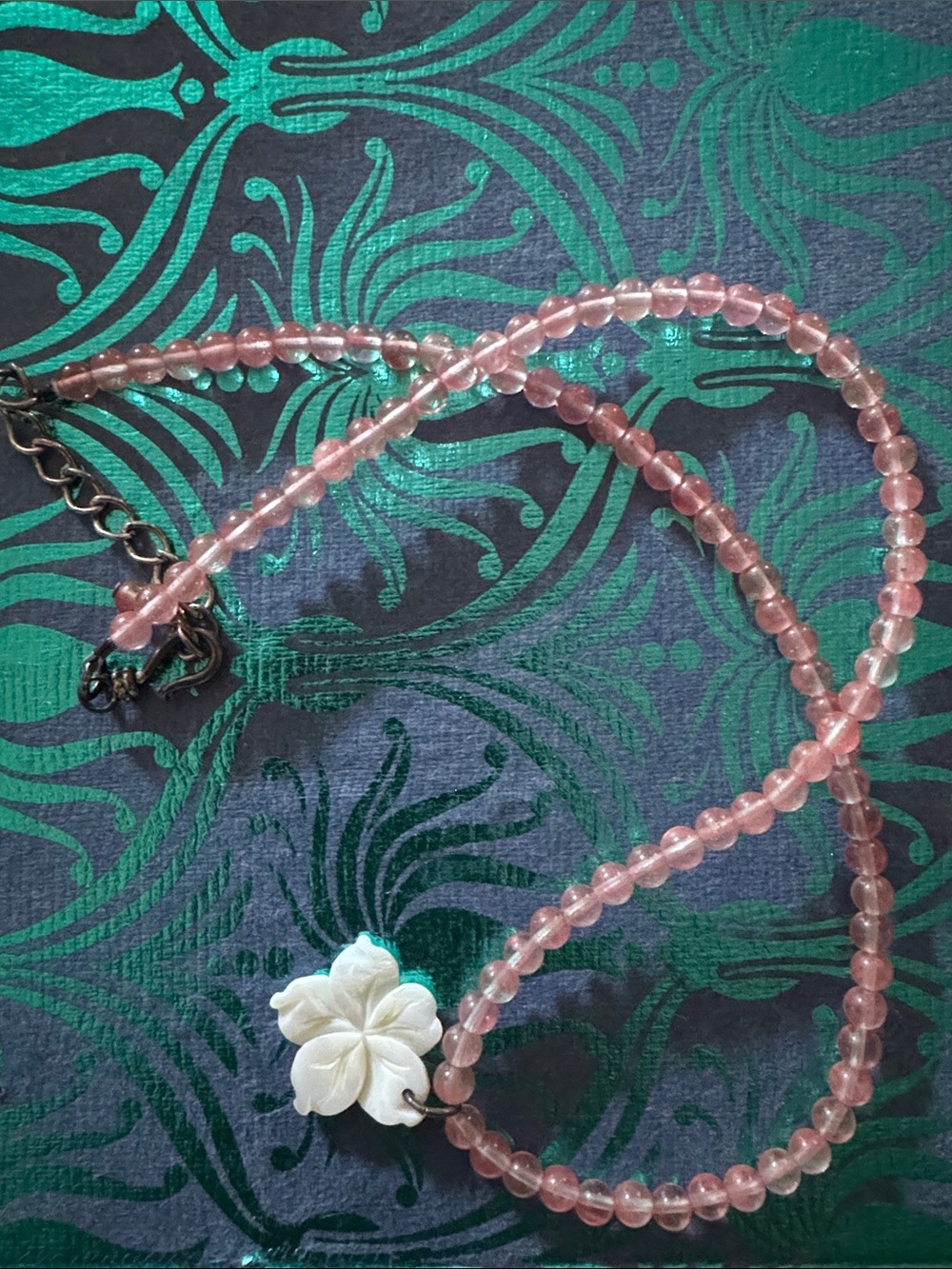 18 inch Delicate Pink Beaded Necklace with Carved shell White Flower Pendant
